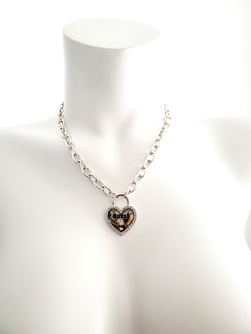 GUESS Silver-Tone Heart Pendant Chain Necklace - Silver